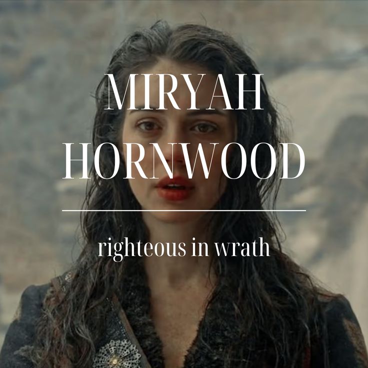 a woman with long black hair wearing a fur collared jacket and text that reads, mirah hornwood righteous inwrath