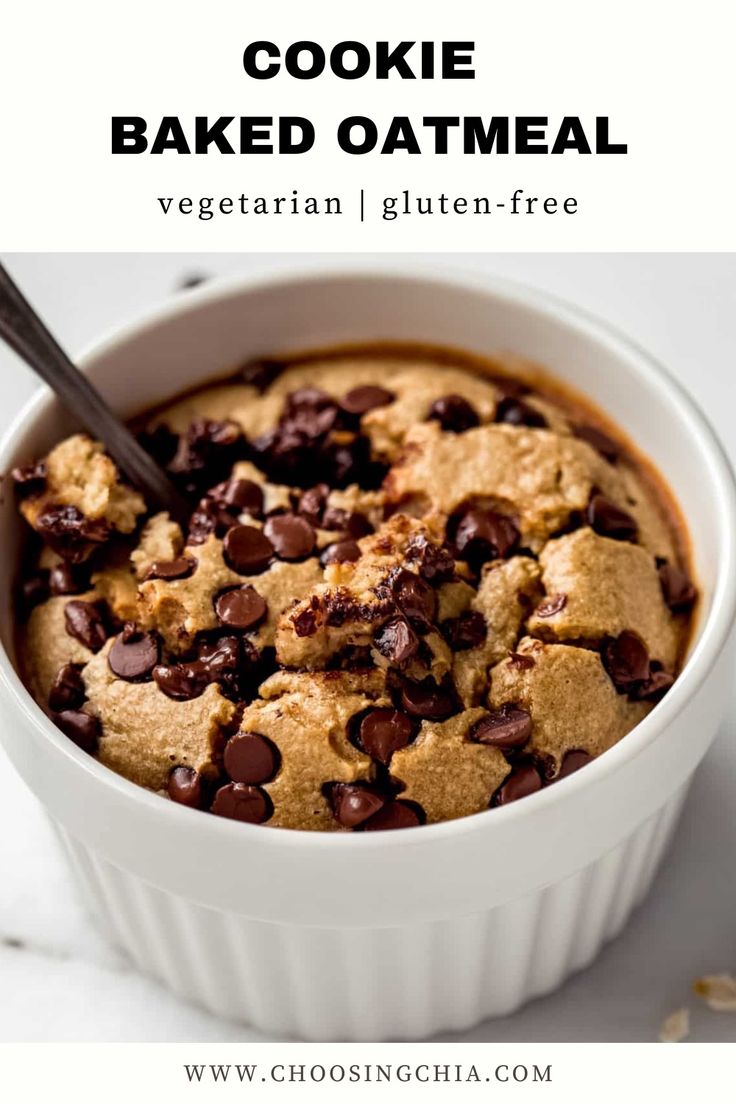 chocolate chip cookie baked oatmeal in a white bowl with text overlay