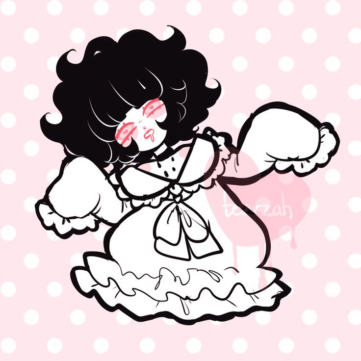 a drawing of a girl with black hair and white dress holding a pink heart in her hand