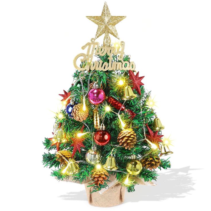 a small christmas tree with lights and decorations on it's top, in front of a white background