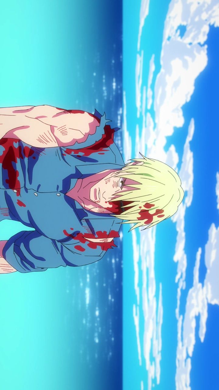 an anime character is flying through the air with blood all over his body and head