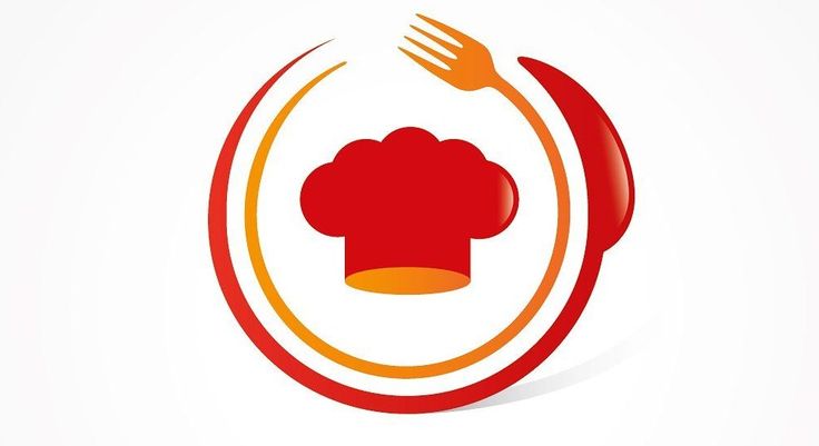 a red and orange logo with a chef's hat, fork and knife in the center