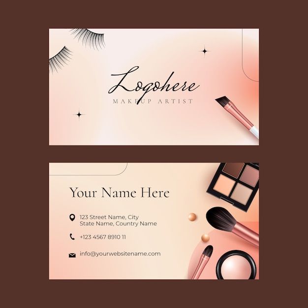 two business cards with makeup products on them