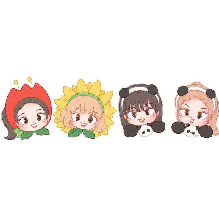 three cartoon girls with sunflowers on their heads and one girl wearing headphones