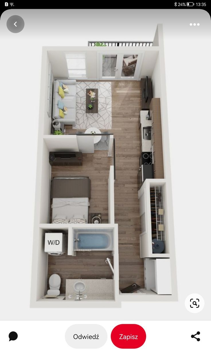 the floor plan for a studio apartment with one bed, two bath and living room