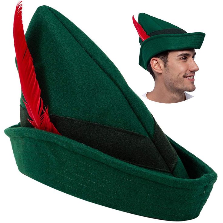 a man wearing a green elf hat with red feathers on it's brim