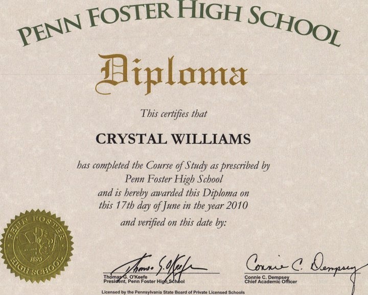 an award certificate for crystal williams, penn foster high school diploma