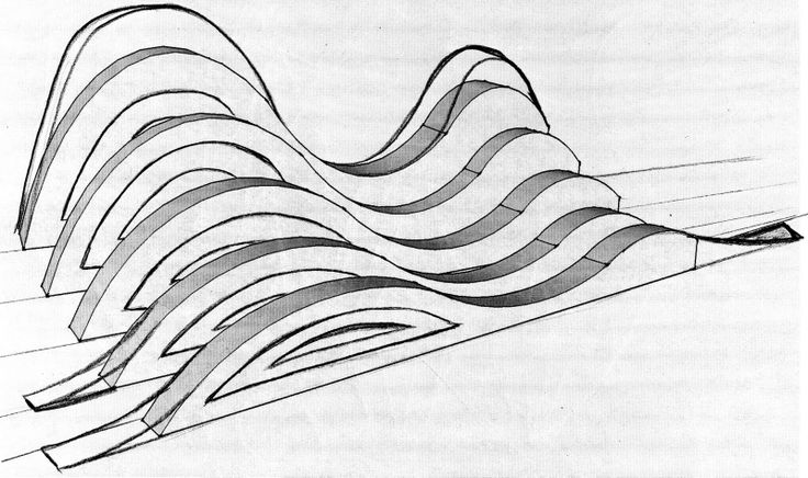 an abstract drawing of wavy lines in black and white, with one point at the top