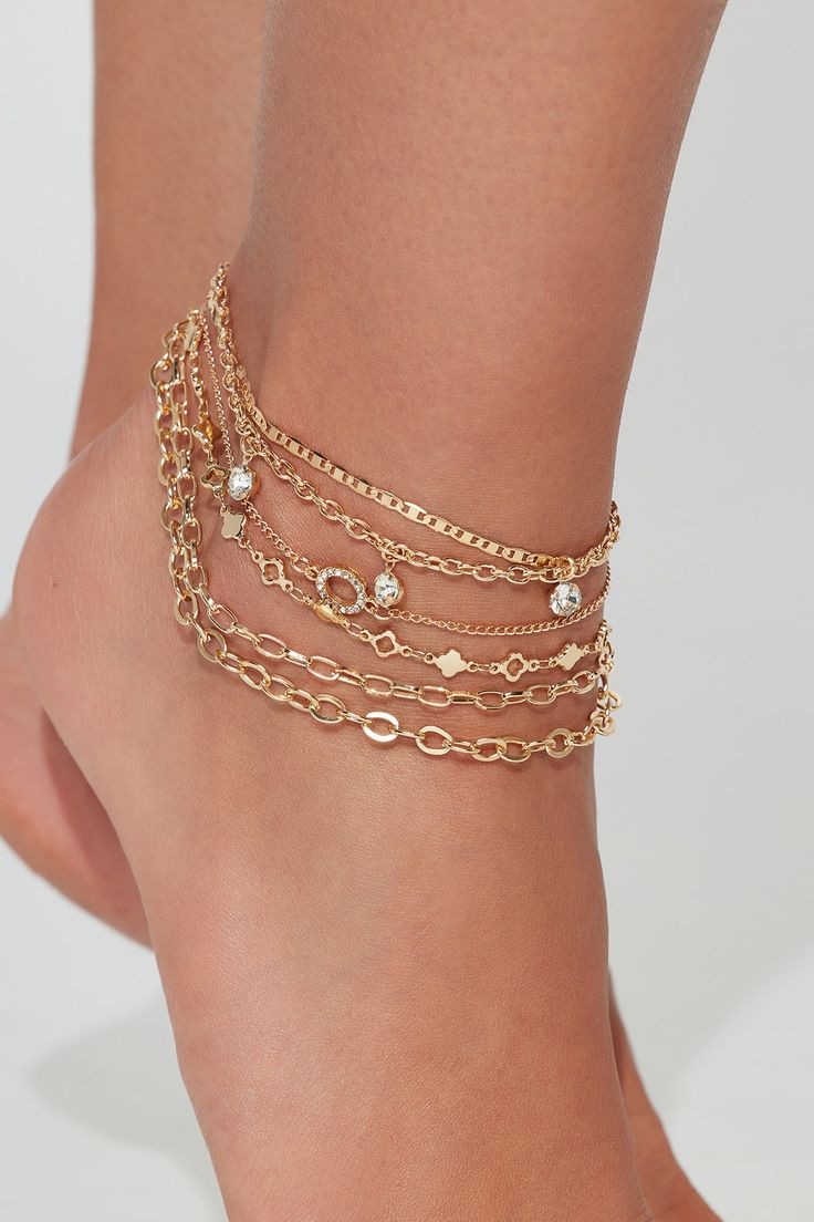 Available In Gold. 5 Piece Anklet Set Various Chain Design Rhinestone Detail Lobster Clasp Closure Imported | My Type Of Anklet Set in Gold by Fashion Nova Anklet Bracelet Gold, Leg Bracelet, Leg Jewelry, Cute Anklets, Leg Chain, My Type, Chain Design, Chain Anklet, Anklet Bracelet