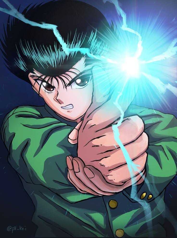 an anime character pointing his finger at the camera with lightning coming out of his hand