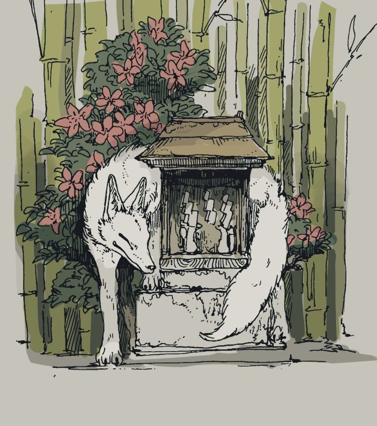 a drawing of a white wolf standing next to a bird feeder with flowers in it