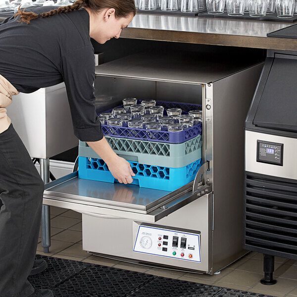 Quickly, easily, and efficiently clean full racks of used dishes with the Jackson DishStar LT low temperature undercounter dish machine! Keeping your dishes and glasses clean is essential to the life of your business, and thanks to this durable unit, you can successfully clean up to 24 racks per hour with 1.2 gallons of water per rack. Thanks to its compact, undercounter design, the unit is perfect for kitchens with limited space available and a need for efficient warewashing.   With a sleek, st Coffee Shop Equipment, Commercial Dishwasher, Shop Equipment, The Door Is Open, Hotel Supplies, Sparkling Clean, Restaurant Supplies, Hard Water, Steel Design