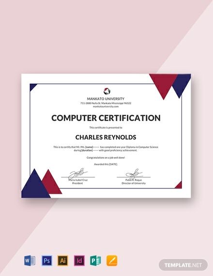 computer certificate template for word and pages