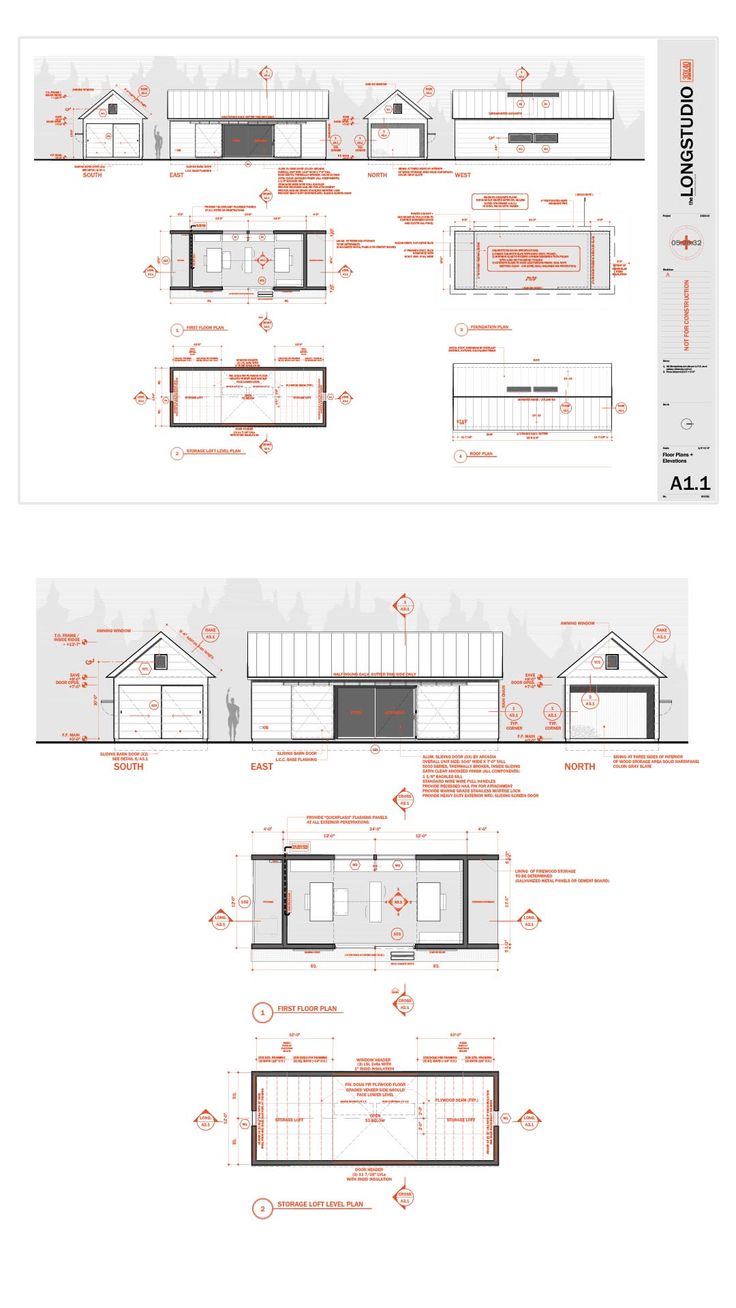 Architectural floor plan at top with an enlarged view of the elevations and plans below. Technical Drawings Architecture, Construction Plan Drawing, Architecture Construction Drawing, Roof Plan Architecture Drawing, Working Drawings Architecture, Autocad Template, Architecture Portfolio Examples, Elevation Architecture, Foundation Plan