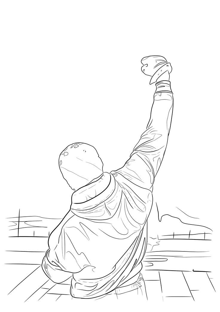 a black and white drawing of a man raising his arms