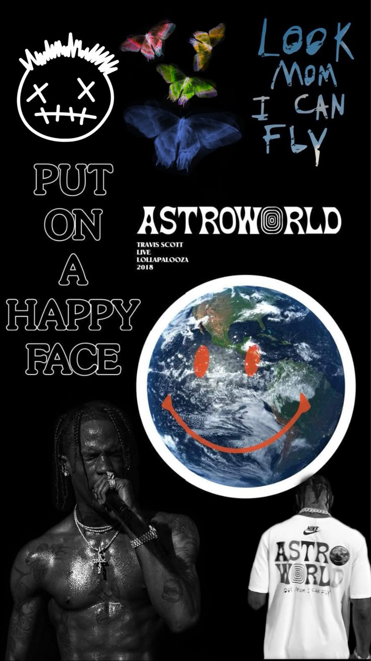 a poster with the words put on astroworld and an image of a man's face