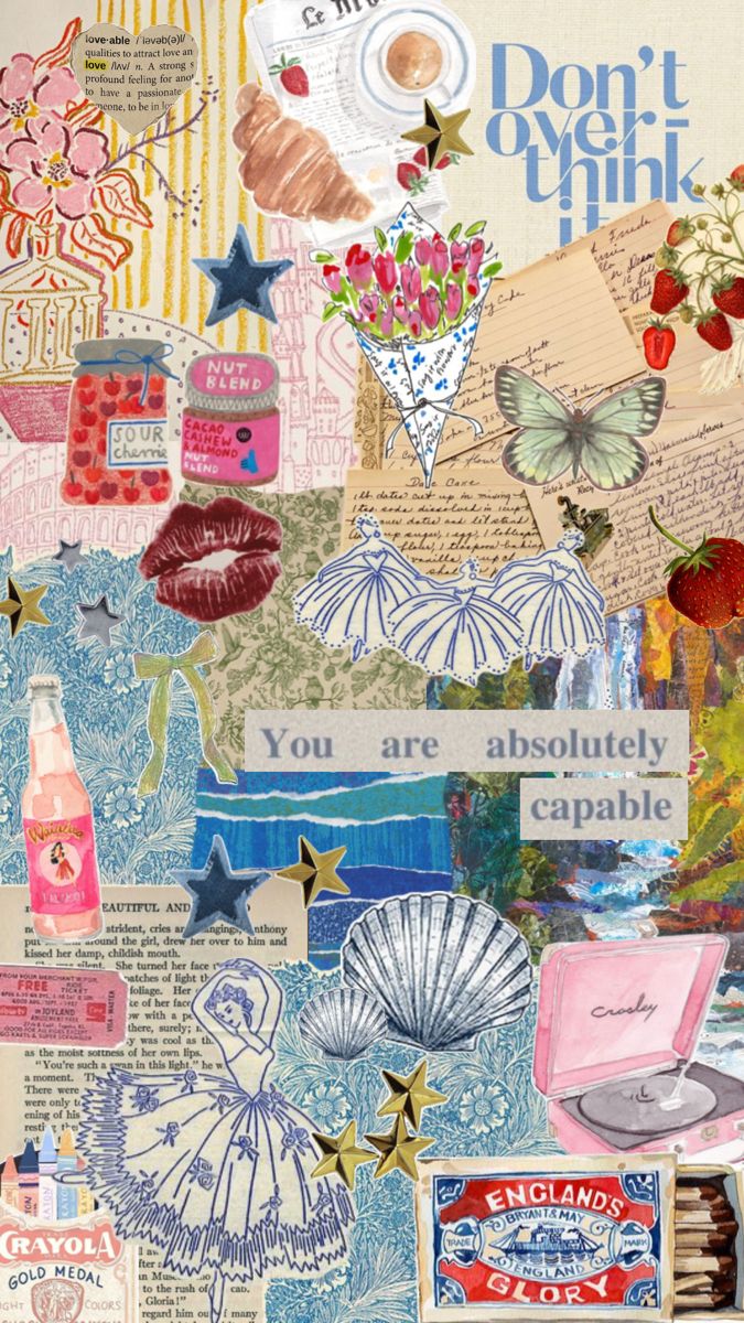 the collage is made up of many different types of items and words on it