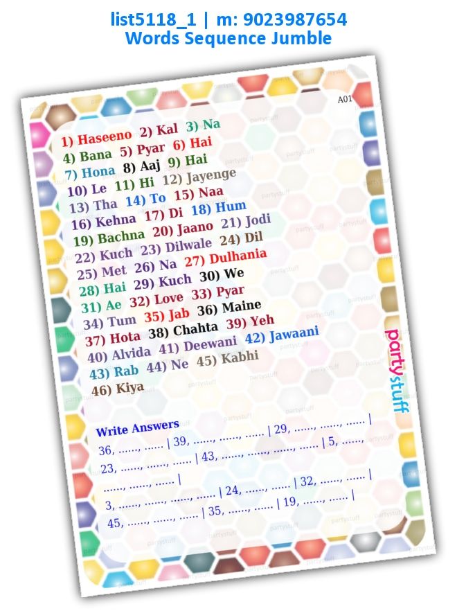 the back side of a card with words and numbers on it, in different colors