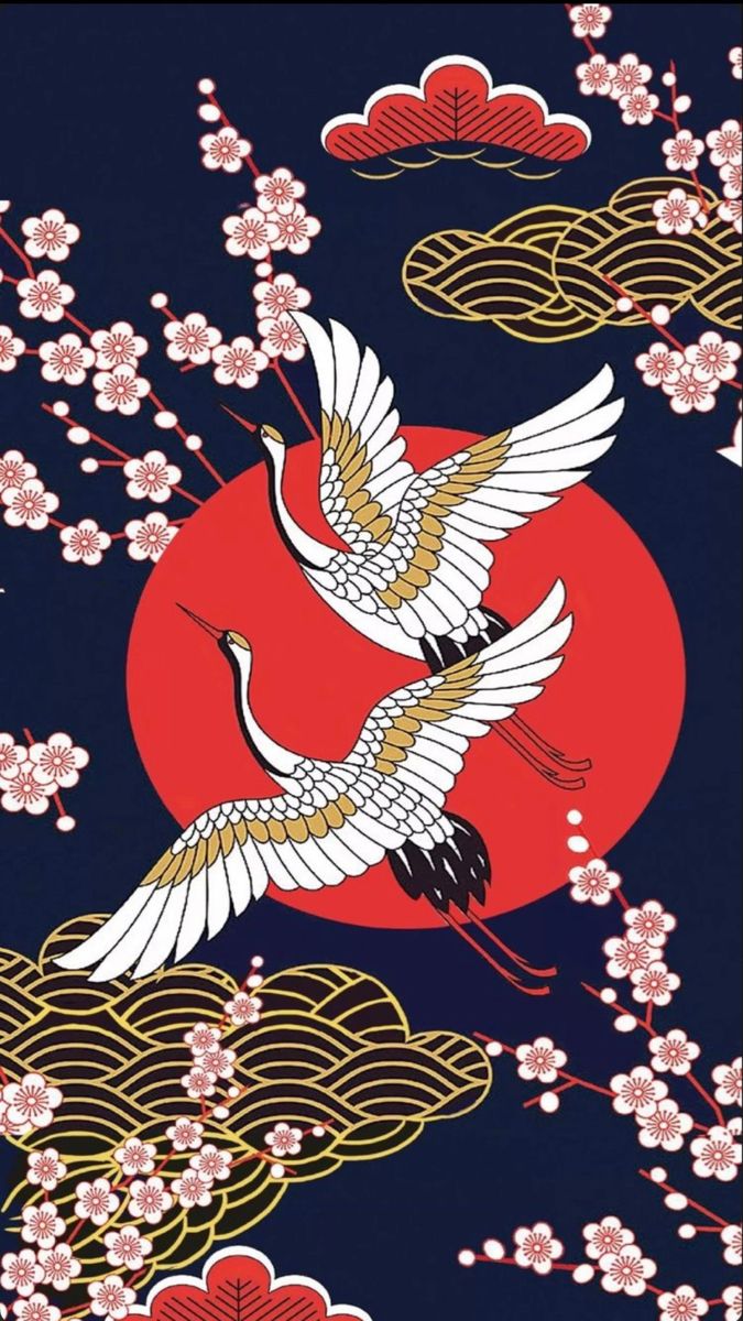 two birds flying in the sky with cherry blossoms on it's back and red sun behind them