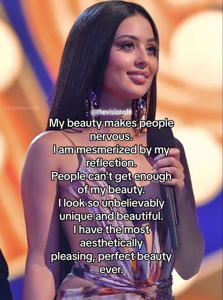 a woman holding a microphone in her right hand with a quote on the left side that says, my beauty makes people nervous