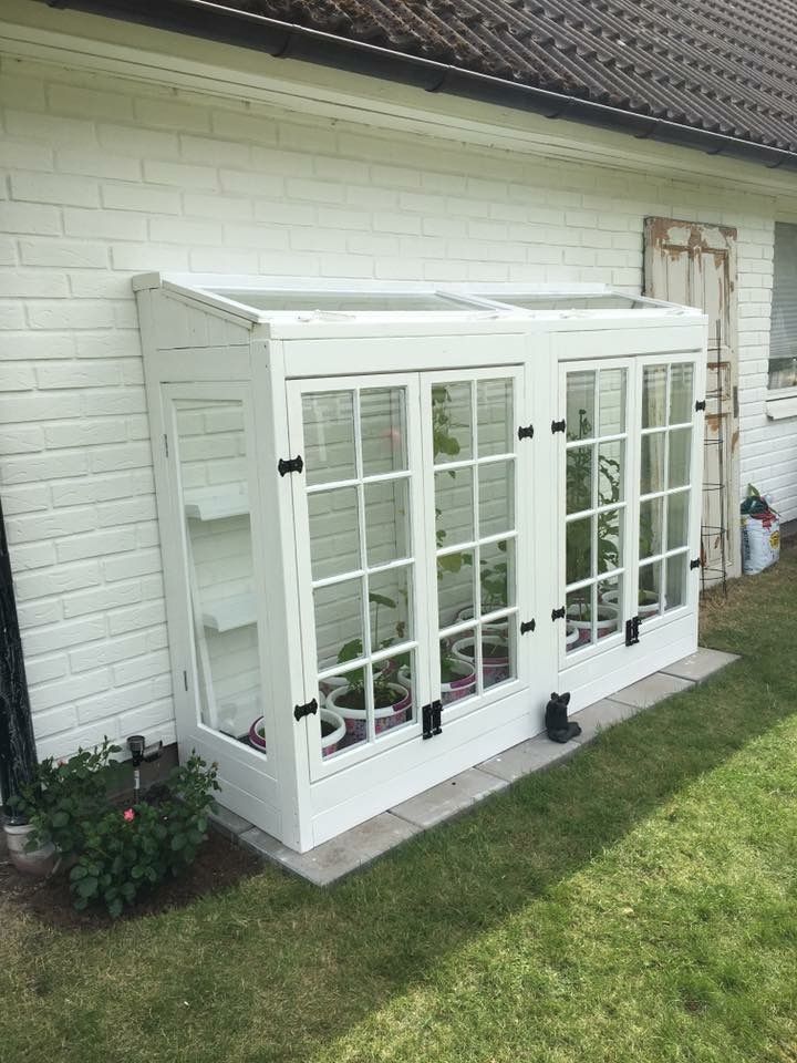 a white building with several windows and plants in it