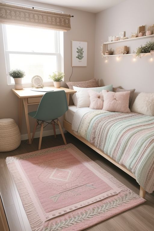 a bedroom with a bed, desk and rug