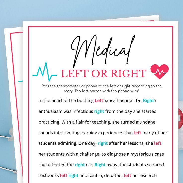 Printable Medical Left or Right Story Game WHAT YOU GET Printable Medical Games in both 5 × 7" Size and 8.5 x 11" (2 per page) HOW IT WORKS: After purchase, you will receive a download link where you will access your PDF files in 8.5 × 11 and 5 x 7 inches (printed as 2 games on an 8.5 by 11 Inch paper or A4) inches size that you can print at home or at the printing shop. You will also receive an email from Etsy with your download(s) or feel free to log in to your account to access your downloads Medical Games, Left Right Game, Medical Party, Graduation Nurse, Medical Leave, Nurse Graduation, Story Games, Class Activities, Nursing Graduation