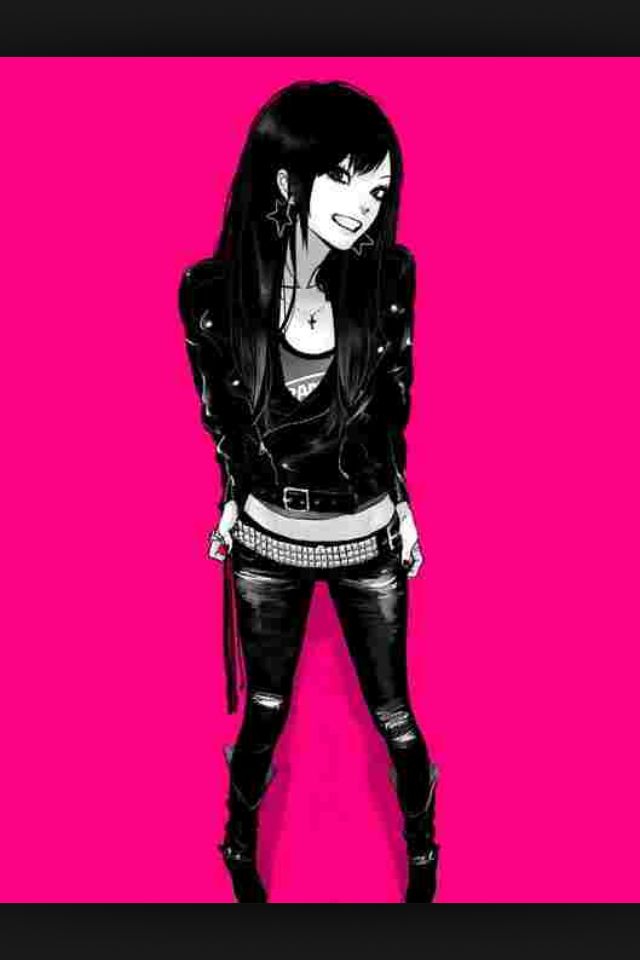 a drawing of a girl with long black hair and piercings standing in front of a gray background