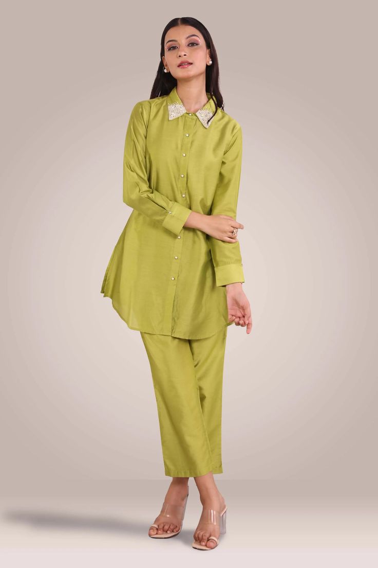 Exclusive Green Color Cotton Silk Fabric Solid Plain Relaxed Readymade Co Cord Set, Silk Co Ord Set, Co Ords Outfits Summer, Co Ords Outfits Indian, Co Ords Outfits, Friends Cartoon, Latest Blouse Designs Pattern, Cotton Silk Fabric, Shirt Collar Styles