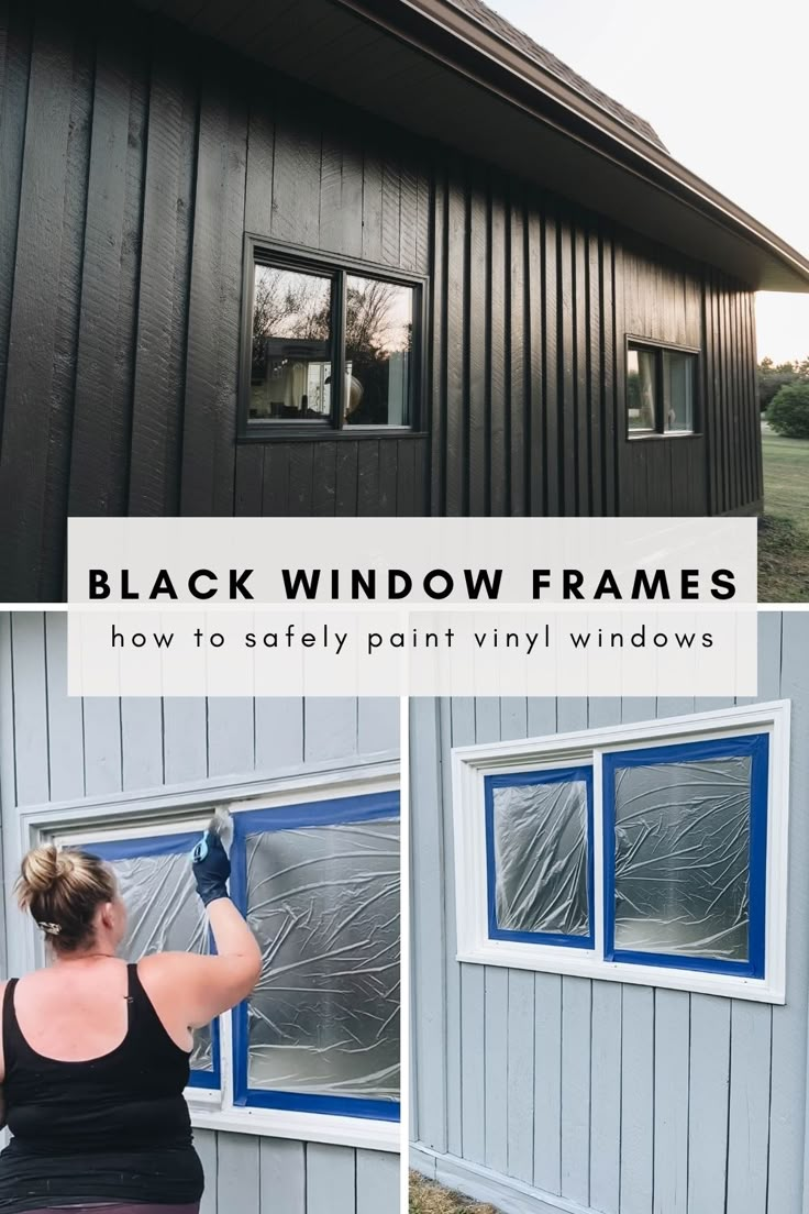 a woman is painting the side of a house with black window frames