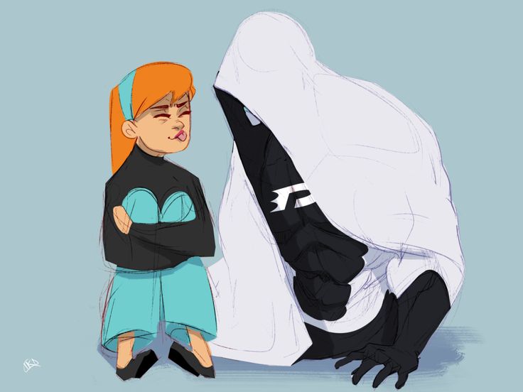 a cartoon character standing next to a giant black creature with orange hair and blue eyes