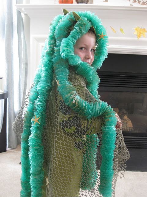 a young boy dressed up as a fish in a green netted costume, with his hands on his hips