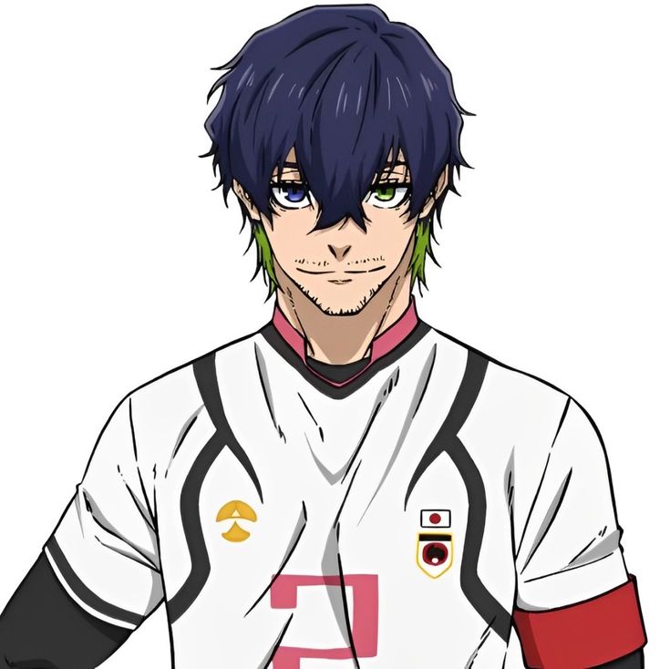 an anime character with blue hair wearing a white shirt and black pants, looking at the camera