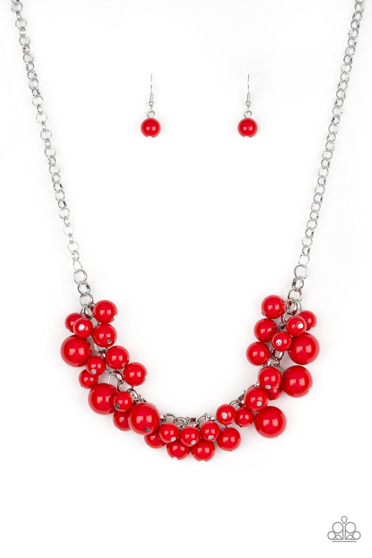 A collection of bubbly red beads swing from the bottom of a shimmery silver chain, creating a vivacious fringe below the collar. Features an adjustable clasp closure.

Sold as one individual necklace. Includes one pair of matching earrings. Red Beads, All Gems, Red Necklace, Fringe Necklace, Paparazzi Accessories, Blue Gems, Copper Chain, Inspired Jewelry, Beaded Fringe