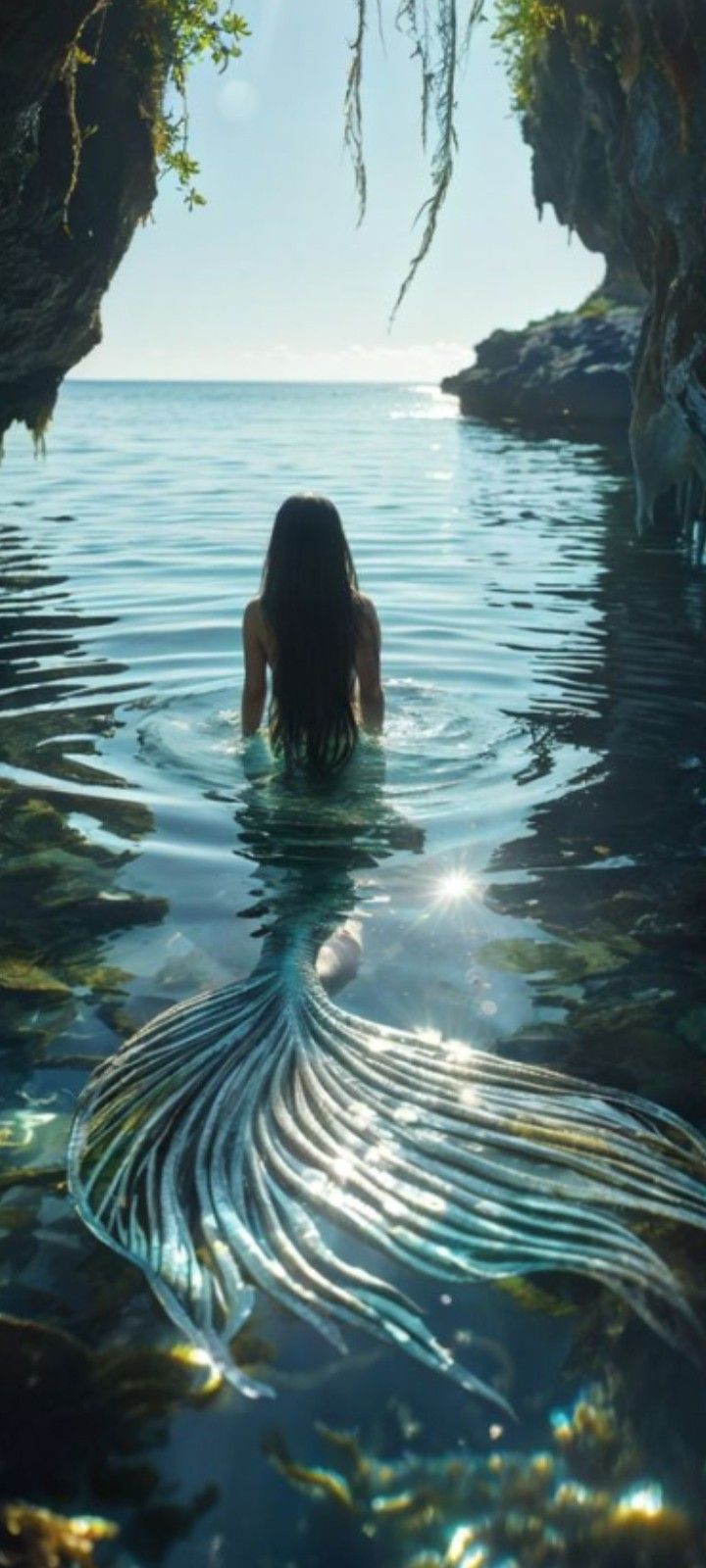 a woman is swimming in the water with her back turned to the camera and looking out into the distance