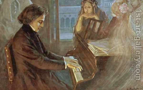 a painting of a woman playing the piano with two other women looking on from behind