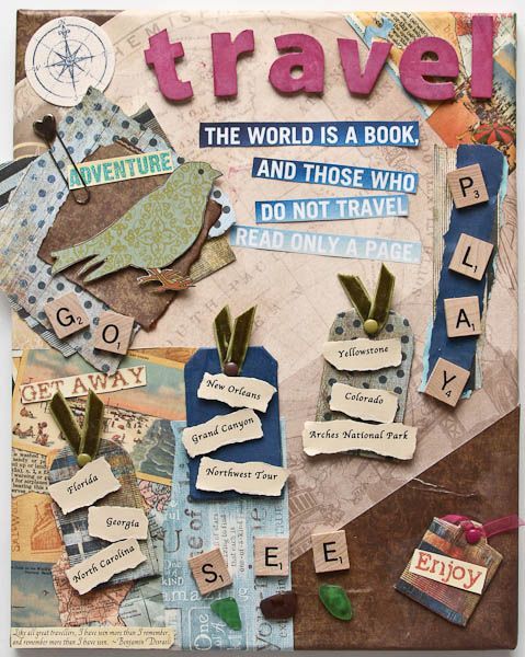 a book cover with words and pictures on the front, including letters that spell out travel