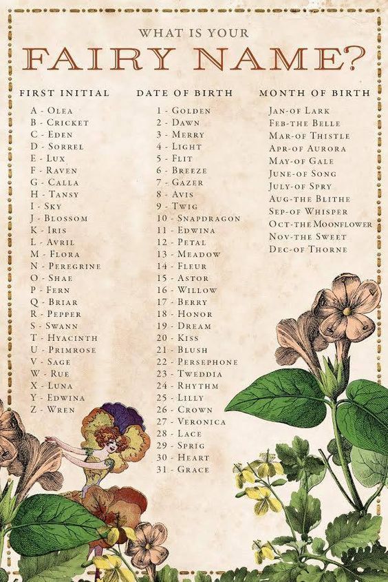 a poster with flowers and leaves on it that says, what is your fairy name?