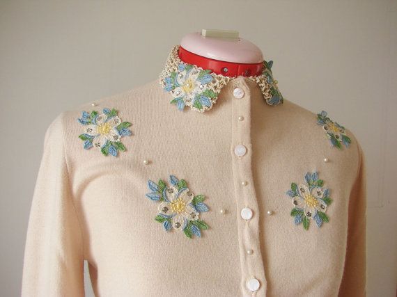 vintage 1950s beaded cardigan 50s pale by KodachromeNostalgia Handknit Design, Bead Knit, Beaded Cardigan, Beaded Sweater, Cardigan Sweaters, Sweater Style, Style Cardigan, The 60s, Sweater Fashion