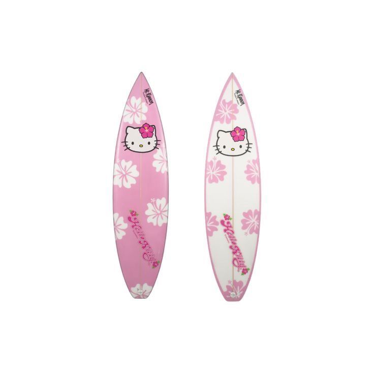 two pink surfboards with hello kitty designs on the front and back, sitting side by side