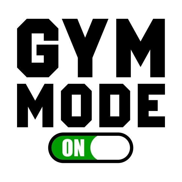 the gym mode on logo is black and white with green letters that read,'gym mode on '