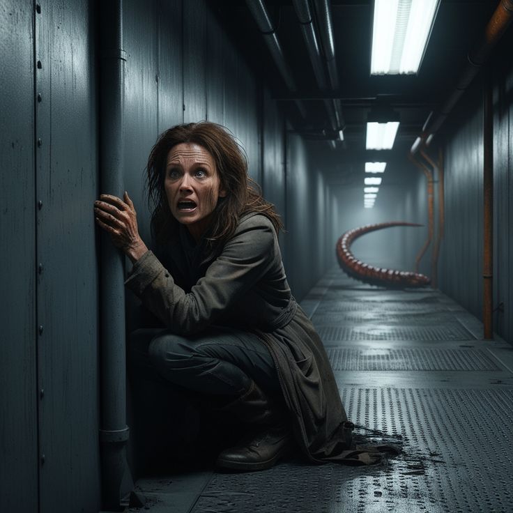 a woman sitting on the floor in a hallway with her hands clasped up against the wall