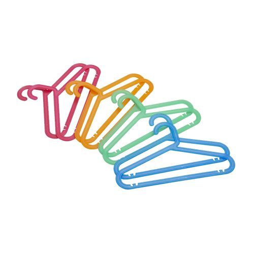 four different colored clothes hangers on a white background