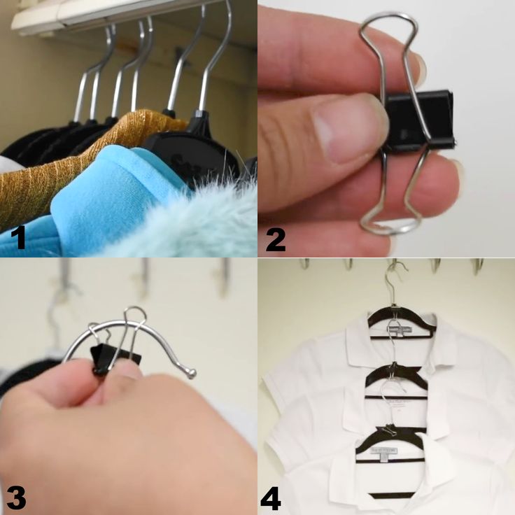 four pictures showing different types of clothes hangers and how to use them in the closet