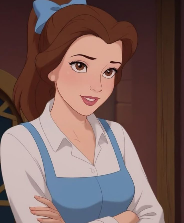 a woman with brown hair and blue aprons standing in front of a clock