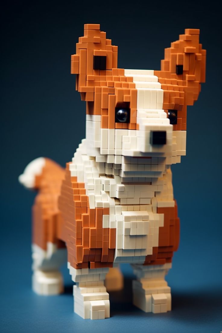 a dog made out of legos on a blue surface