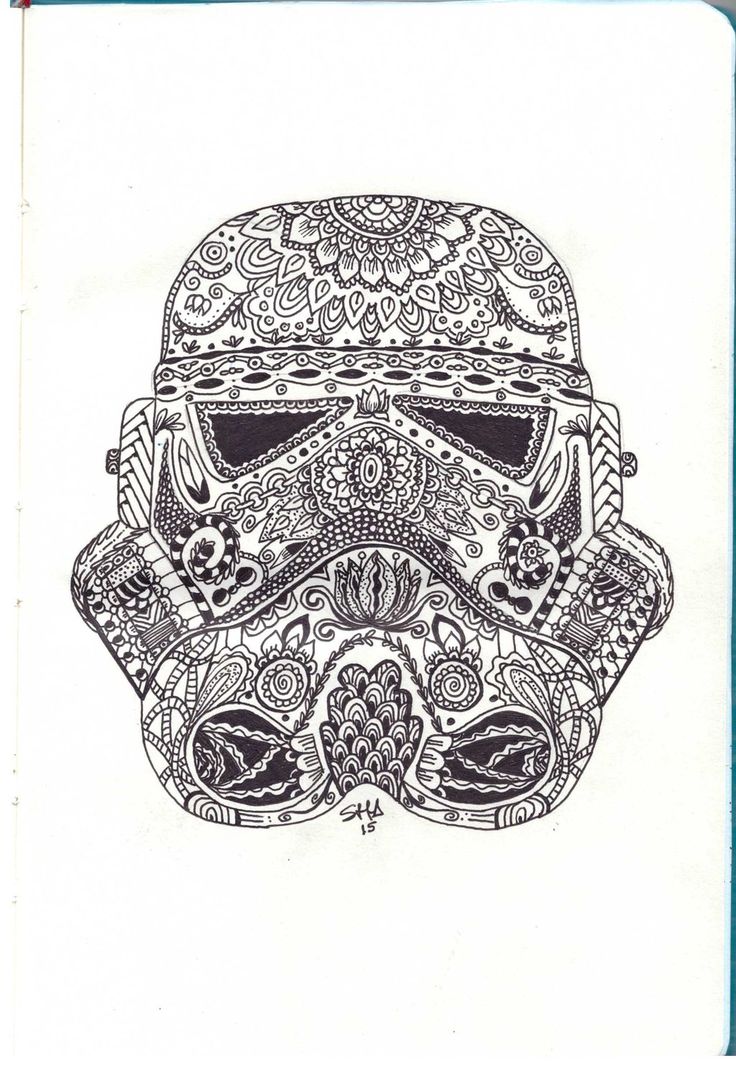 a black and white drawing of a trooper helmet with intricate designs on the face,