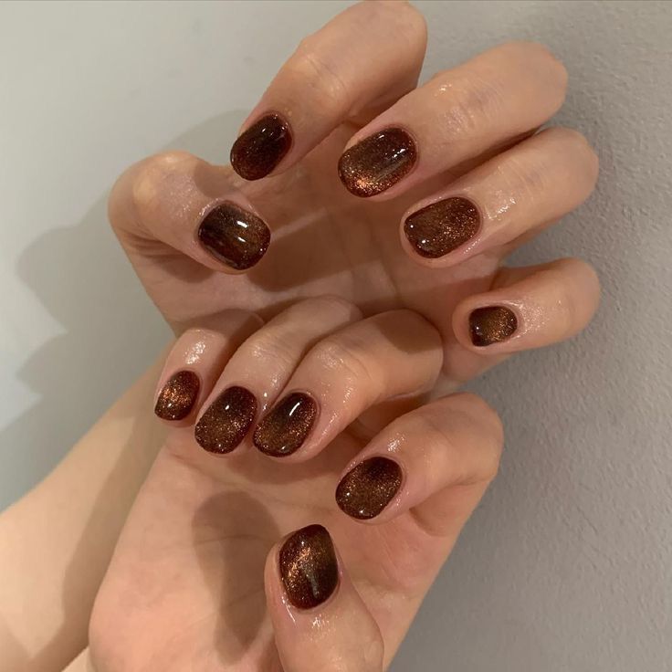 Cat Eye Gel Manicure, Fall Douyin Nails, Cat's Eye Nails, Dark Brown Cat Eye Nails, Cat Eye Brown Nails, Brown Cateye Nail, Sparkly Brown Nails, Burgundy Cat Eye Nails, Dip Short Nails