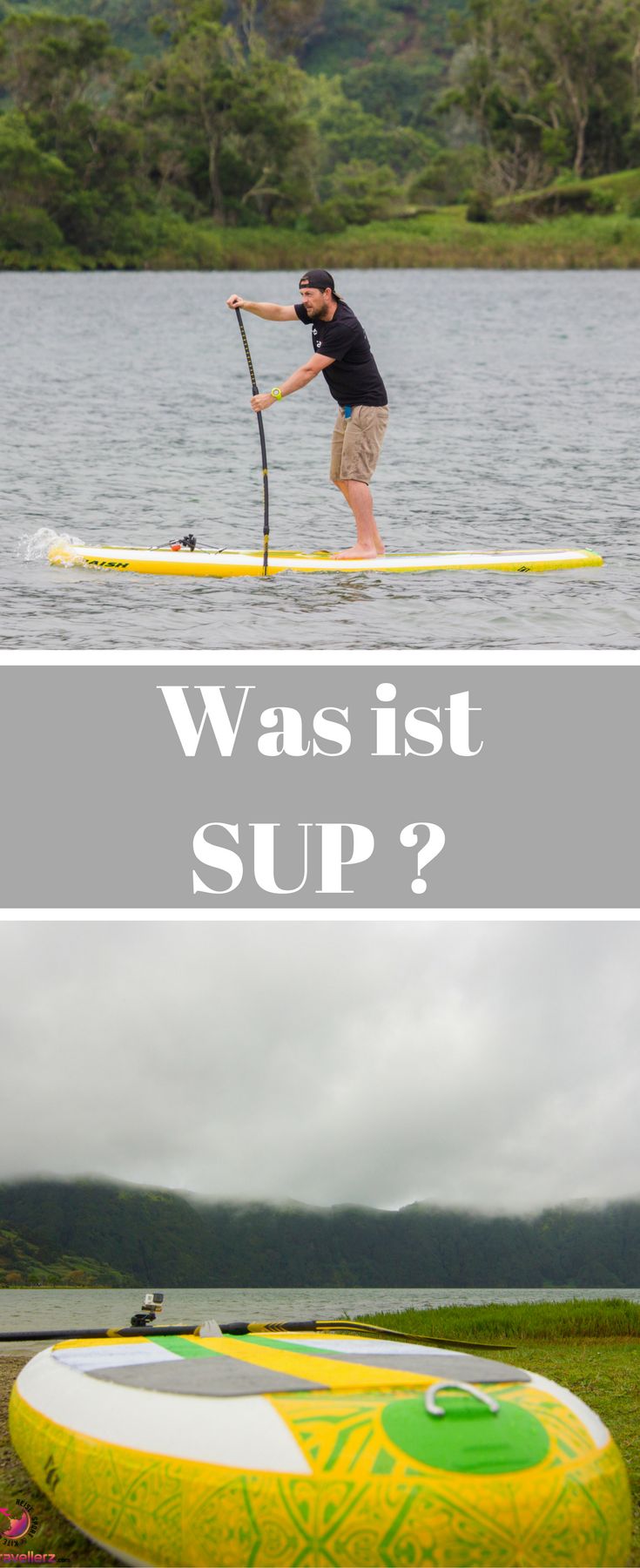 a man riding on top of a surfboard next to a paddle board with the words, was ist sup?