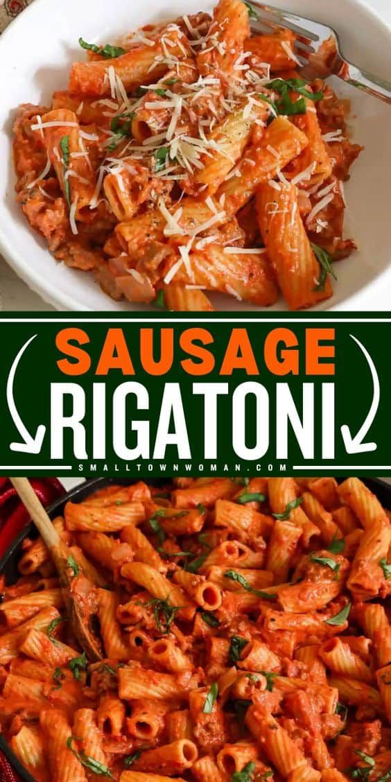 sausage rigatoni with parmesan cheese and tomato sauce in a white bowl